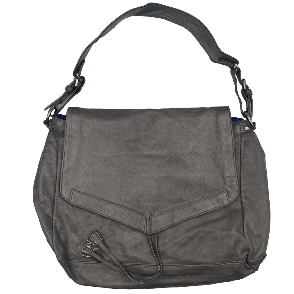 Nat & Nin Gray Shoulder Bag Purse Premium Leather Hobo Boho‎ with Dust Bag